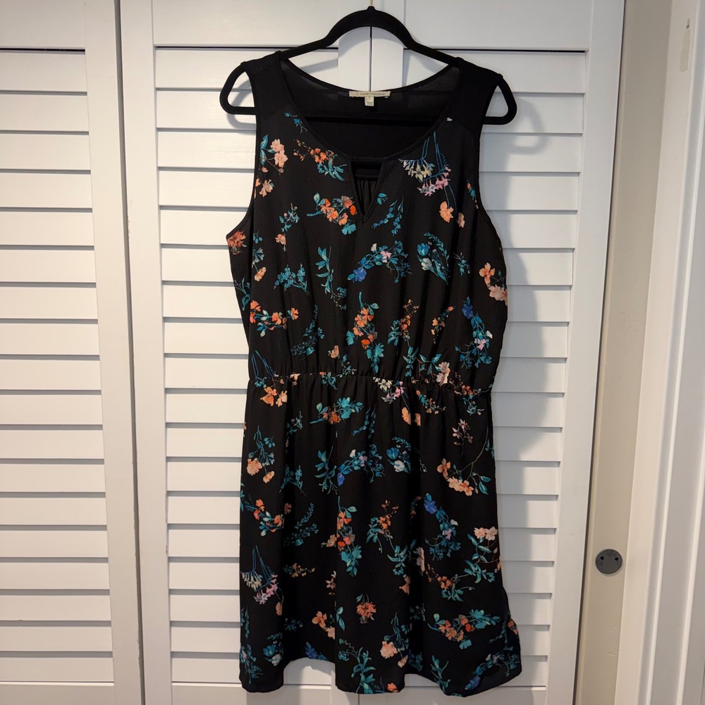 41 Hawthorn Black Floral Sleeveless‎ Notched V-Neck Elastic Waist Dress XL